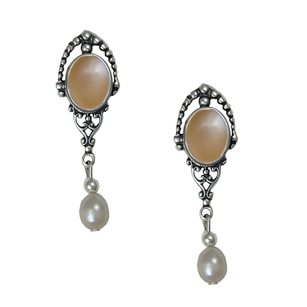 Sterling Silver Cultured Freshwater Pearl Drop Dangle Earrings With Peach Moonstone